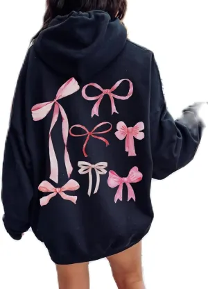 Aonoapll Women Bow Print Hoodies Oversized Y2k Graphic Hooded Sweatshirt Cute Long Sleeve Drop Shoulder Pullover Tops