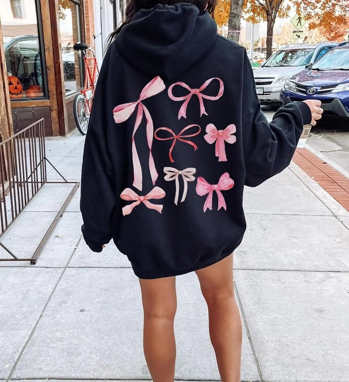 Aonoapll Women Bow Print Hoodies Oversized Y2k Graphic Hooded Sweatshirt Cute Long Sleeve Drop Shoulder Pullover Tops