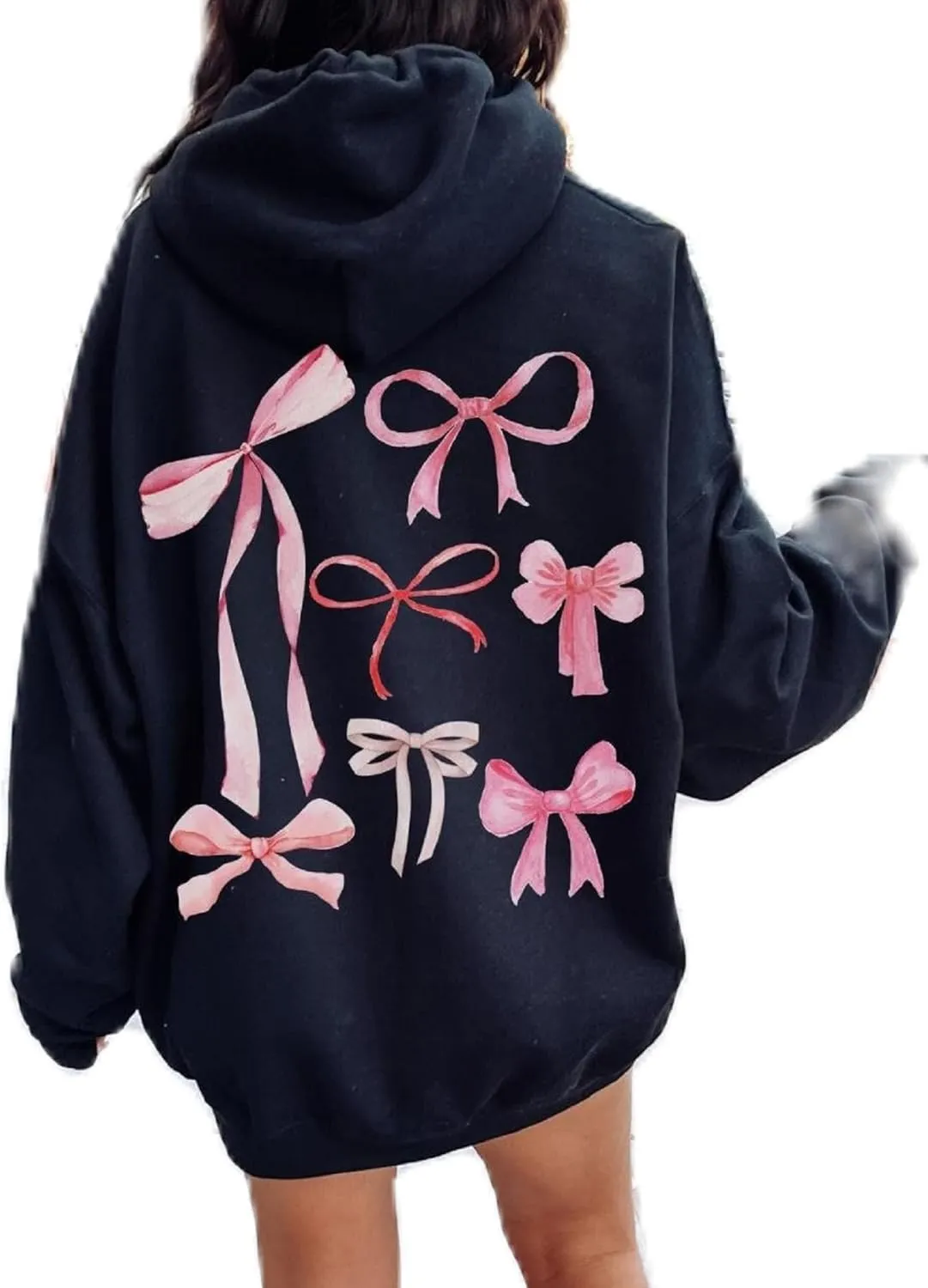 Aonoapll Women Bow Print Hoodies Oversized Y2k Graphic Hooded Sweatshirt Cute Long Sleeve Drop Shoulder Pullover Tops