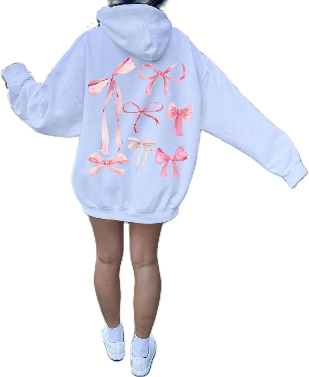 Aonoapll Women Bow Print Hoodies Oversized Y2k Graphic Hooded Sweatshirt Cute Long Sleeve Drop Shoulder Pullover Tops