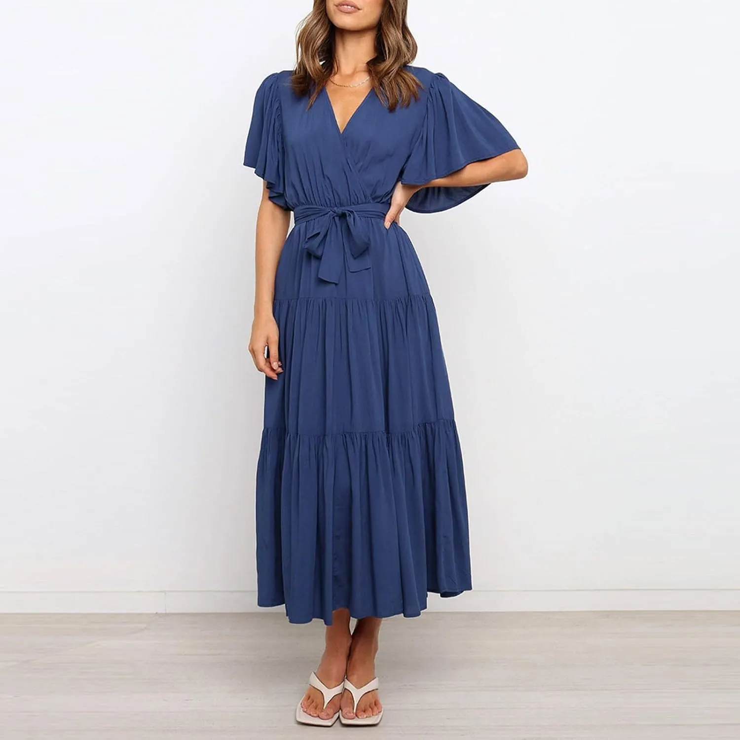 Beach Dresses for Women Summer Pleated Dress Short Sleeve V Neck Midi Dresses High Waist Party Dress Spring with Belt