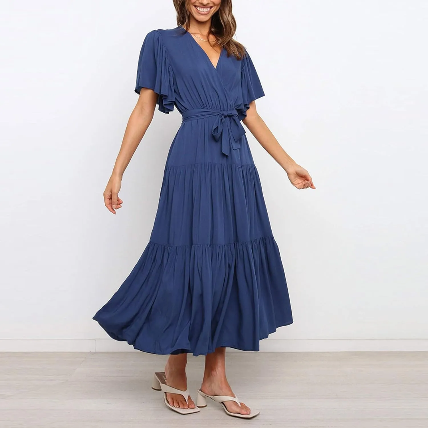Beach Dresses for Women Summer Pleated Dress Short Sleeve V Neck Midi Dresses High Waist Party Dress Spring with Belt