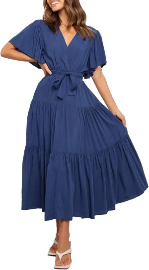 Beach Dresses for Women Summer Pleated Dress Short Sleeve V Neck Midi Dresses High Waist Party Dress Spring with Belt