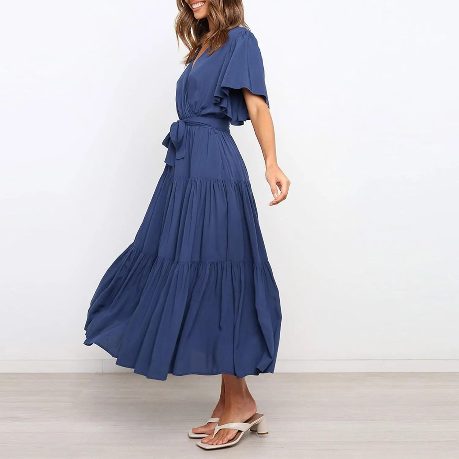 Beach Dresses for Women Summer Pleated Dress Short Sleeve V Neck Midi Dresses High Waist Party Dress Spring with Belt