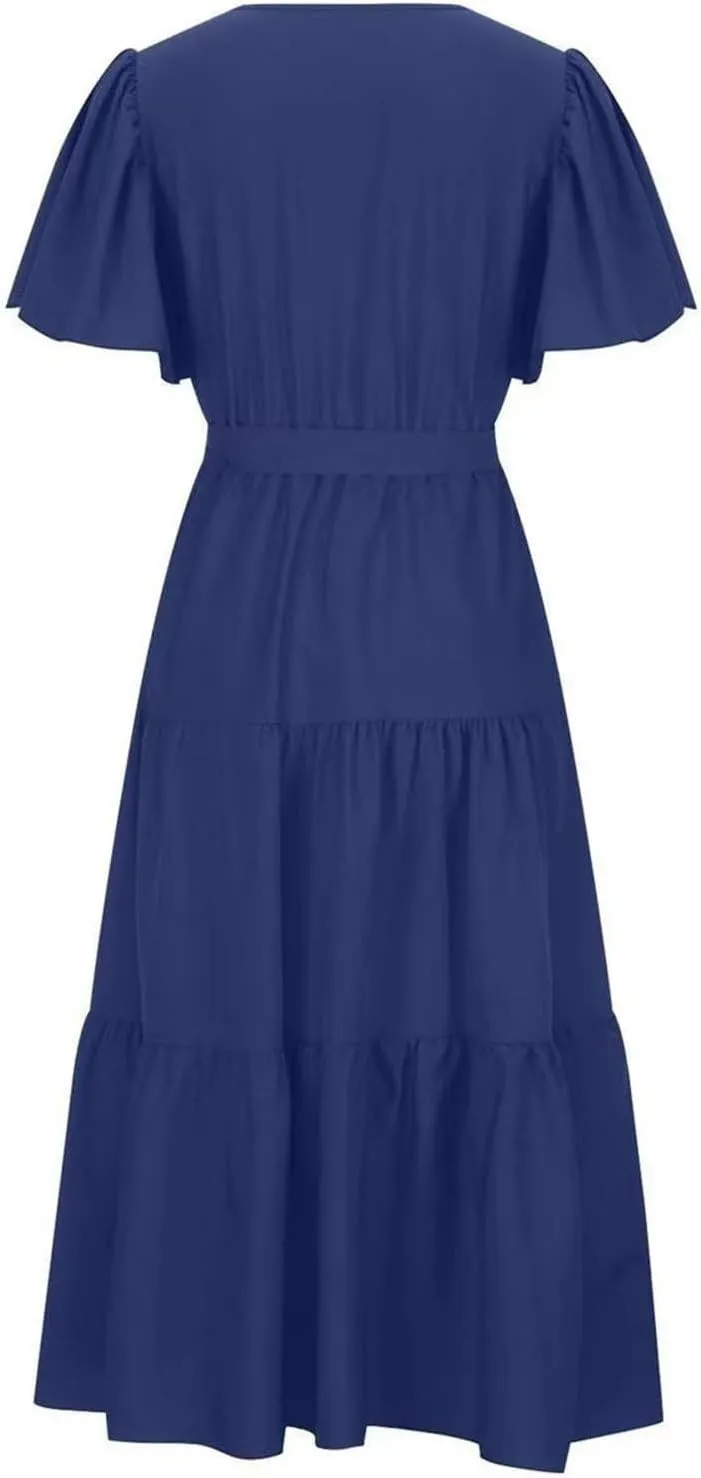 Beach Dresses for Women Summer Pleated Dress Short Sleeve V Neck Midi Dresses High Waist Party Dress Spring with Belt