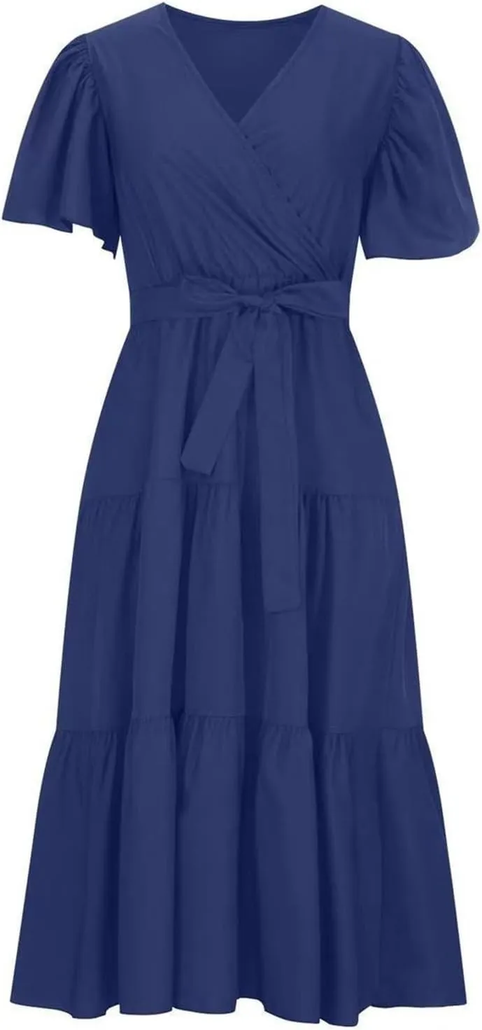 Beach Dresses for Women Summer Pleated Dress Short Sleeve V Neck Midi Dresses High Waist Party Dress Spring with Belt