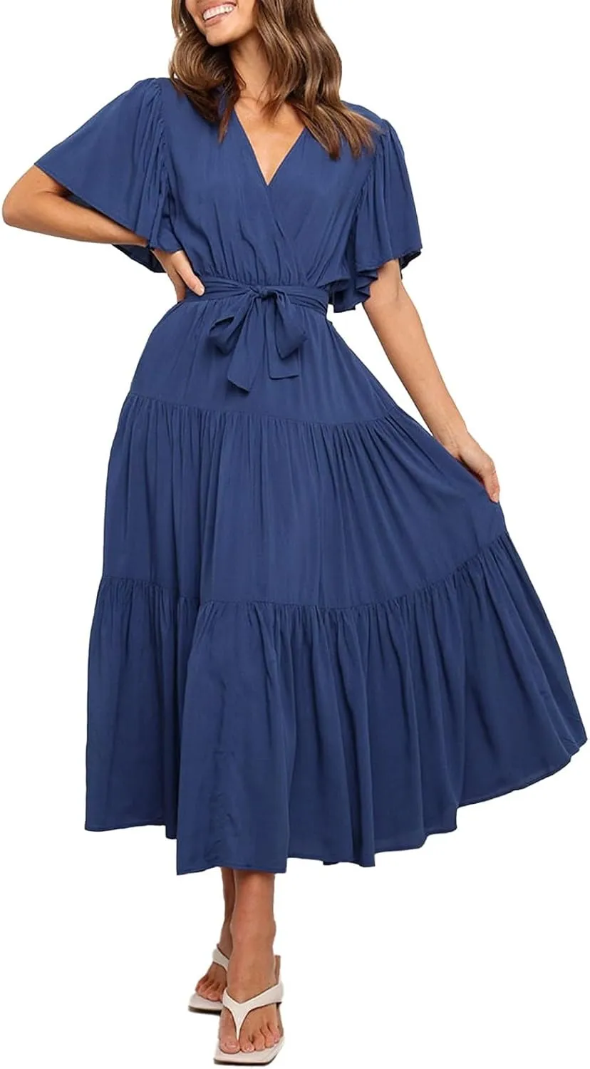 Beach Dresses for Women Summer Pleated Dress Short Sleeve V Neck Midi Dresses High Waist Party Dress Spring with Belt