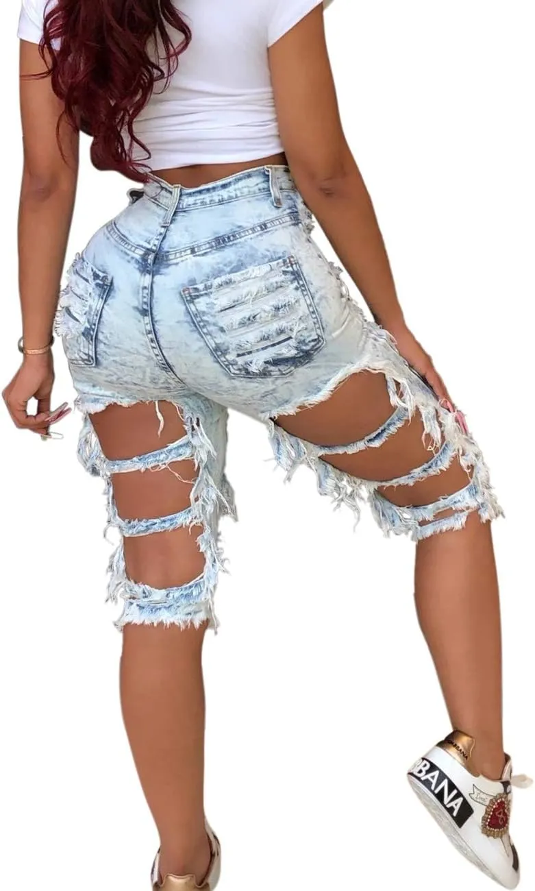BestGirl Women's Ripped-Denim Hole Washed Distressed Mid Rise Stretchy Short Jeans