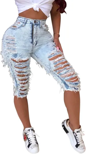 BestGirl Women's Ripped-Denim Hole Washed Distressed Mid Rise Stretchy Short Jeans