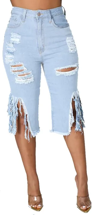 BestGirl Women's Ripped-Denim Hole Washed Distressed Mid Rise Stretchy Short Jeans