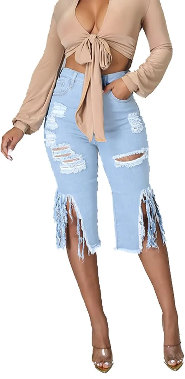 BestGirl Women's Ripped-Denim Hole Washed Distressed Mid Rise Stretchy Short Jeans