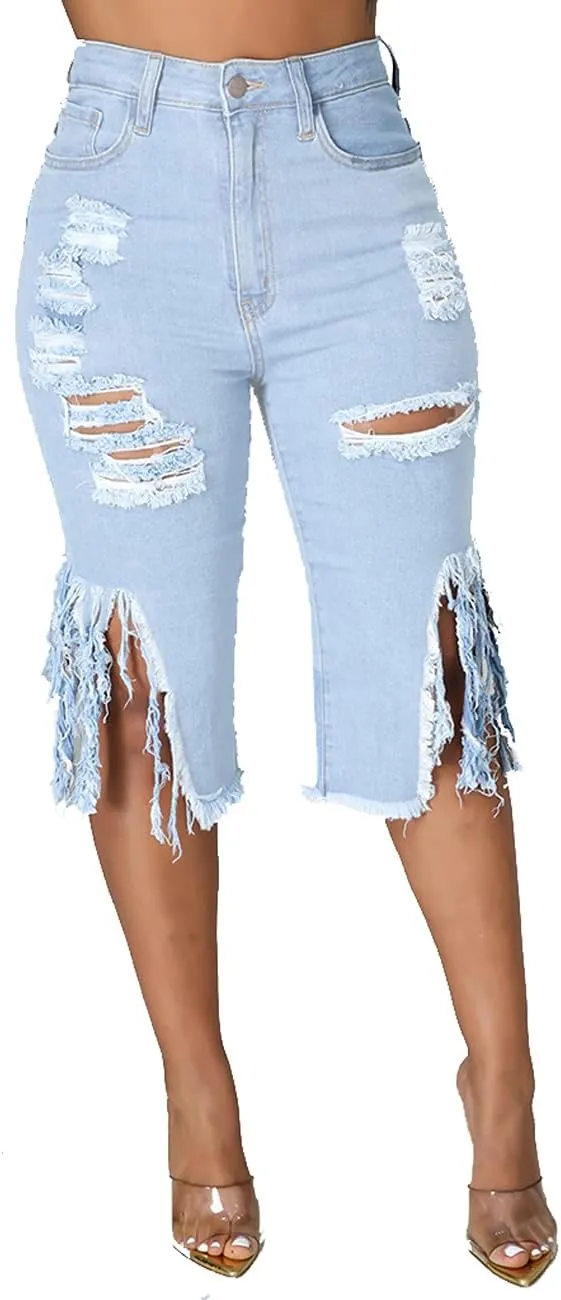 BestGirl Women's Ripped-Denim Hole Washed Distressed Mid Rise Stretchy Short Jeans