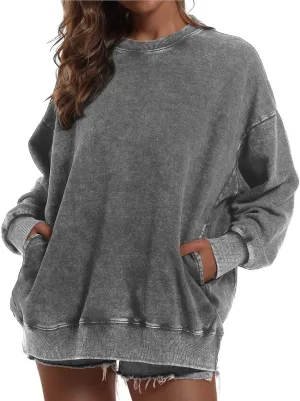 BINTEHGS Oversized Sweatshirt for Women Loose Fit Cotton Pullover Vintage Crew Neck Sweatshirts with Pocket Long Sleeve Shirt