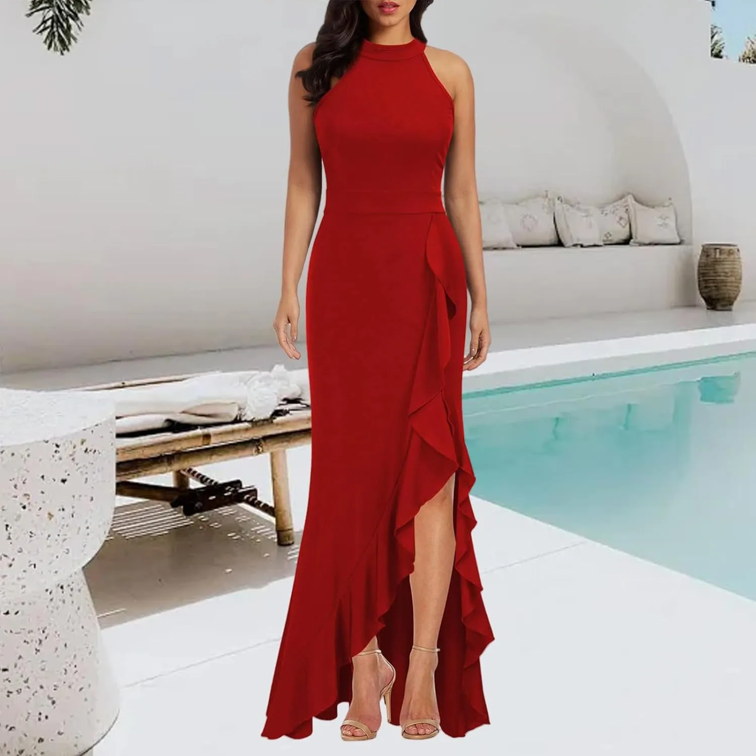 Bodycon Maxi Dress for Women Scoop Neck Sleeveless Sexy Dresses Elegant Split Mermaid Evening Cocktail Long Dress