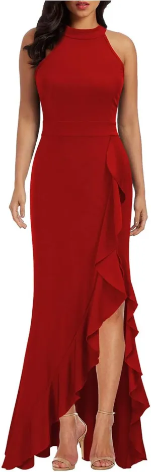 Bodycon Maxi Dress for Women Scoop Neck Sleeveless Sexy Dresses Elegant Split Mermaid Evening Cocktail Long Dress