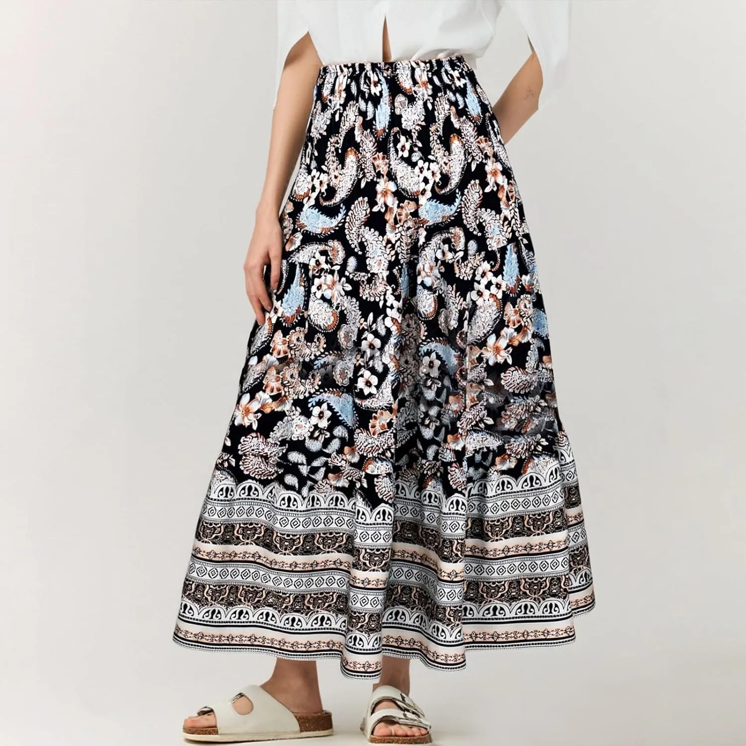 Bohemian Skirts for Women Elastic Waist Beach Floral Country Casual Business Pleated Peasant Smocked Vacation Trendy Skirts