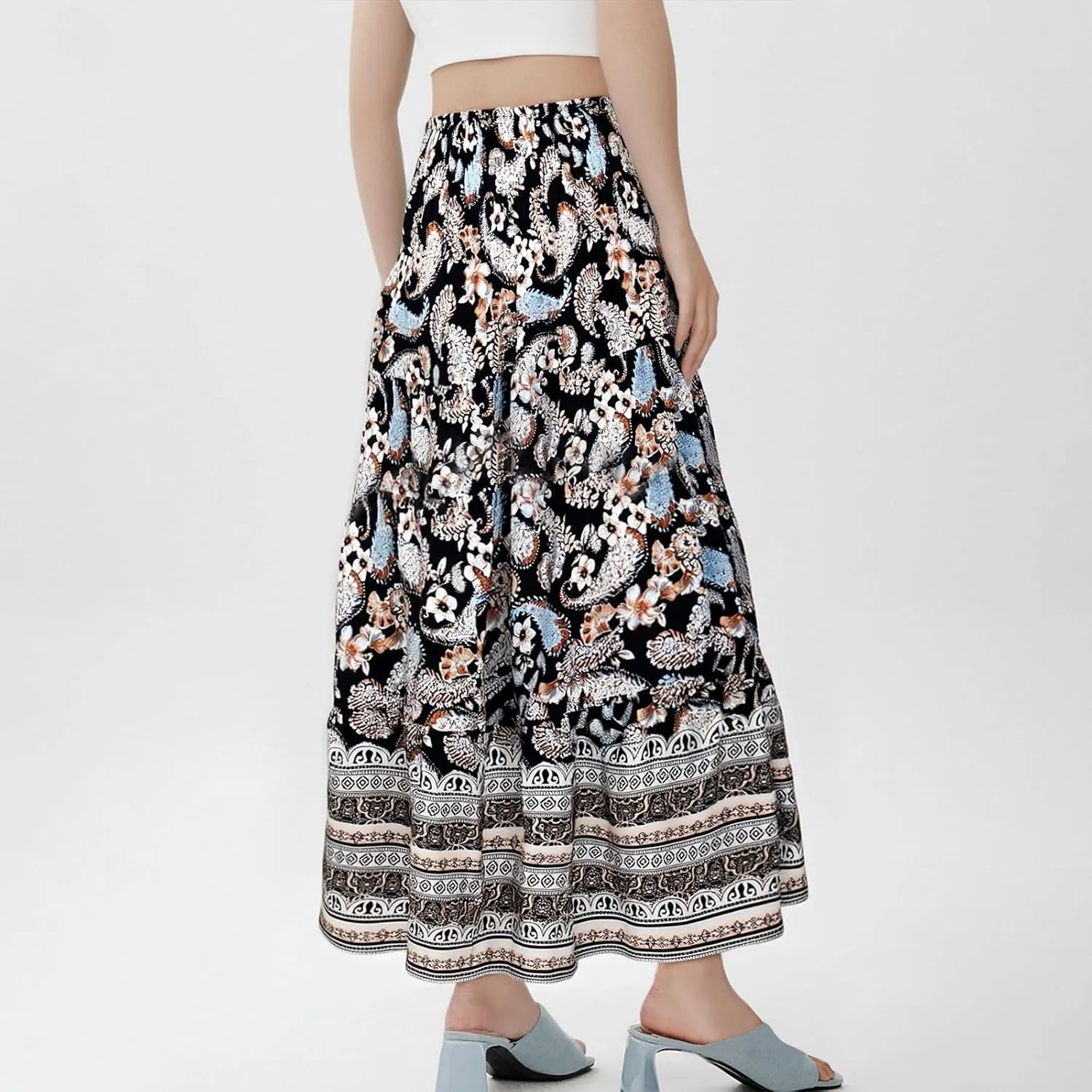 Bohemian Skirts for Women Elastic Waist Beach Floral Country Casual Business Pleated Peasant Smocked Vacation Trendy Skirts