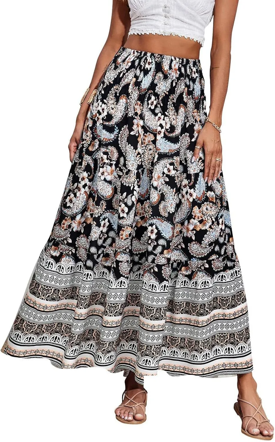 Bohemian Skirts for Women Elastic Waist Beach Floral Country Casual Business Pleated Peasant Smocked Vacation Trendy Skirts