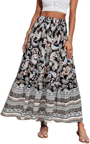 Bohemian Skirts for Women Elastic Waist Beach Floral Country Casual Business Pleated Peasant Smocked Vacation Trendy Skirts