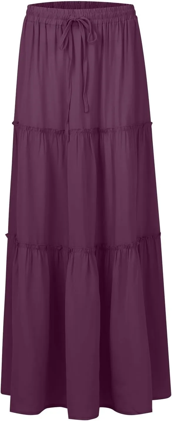 Bohemian Skirts for Women Trendy Business Solid Beach Elastic Waist Country Flutter Vacation Flowy Boho Skirts for Women