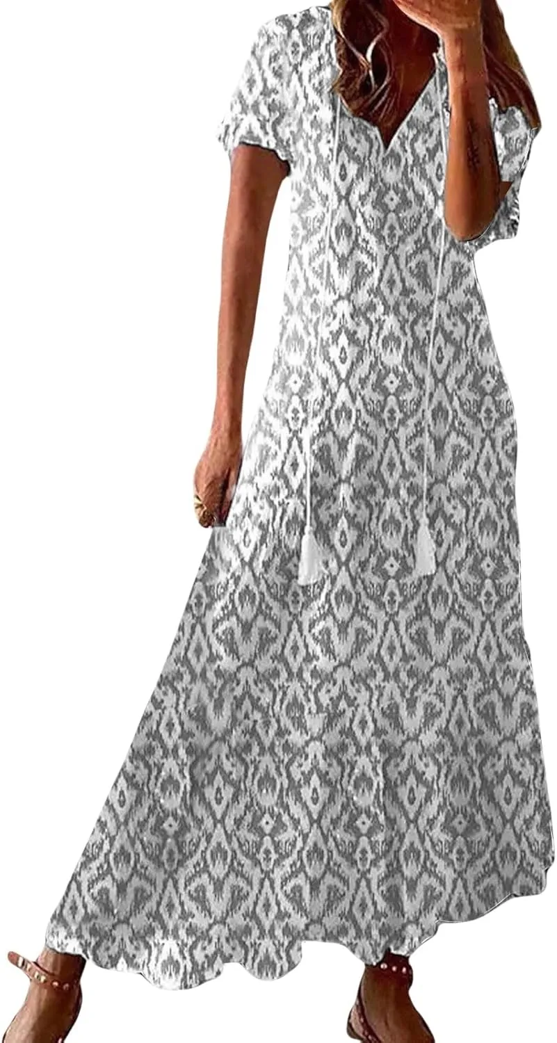 Boho Dress for Women Casual Floral Print Short Sleeve V-Neck Maxi Dresses Summer Flowy Ruffle Tiered Beach Dress