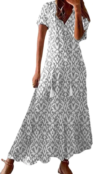 Boho Dress for Women Casual Floral Print Short Sleeve V-Neck Maxi Dresses Summer Flowy Ruffle Tiered Beach Dress