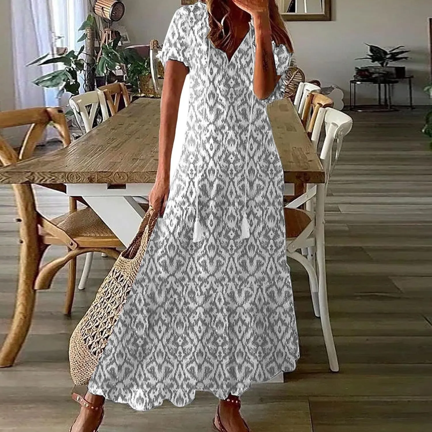 Boho Dress for Women Casual Floral Print Short Sleeve V-Neck Maxi Dresses Summer Flowy Ruffle Tiered Beach Dress