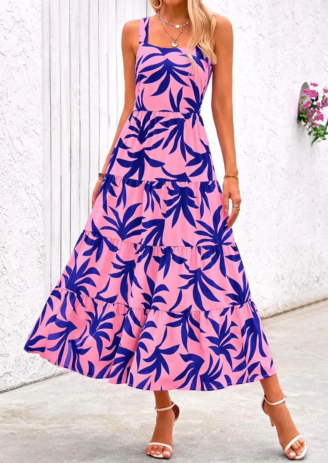 Boho Dresses for Women 2025 Summer Sleeveless Square Neck Midi Floral Long Dress Elegant Beach Vacation Dresses