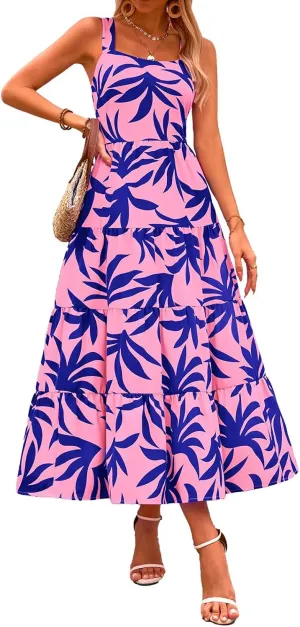 Boho Dresses for Women 2025 Summer Sleeveless Square Neck Midi Floral Long Dress Elegant Beach Vacation Dresses