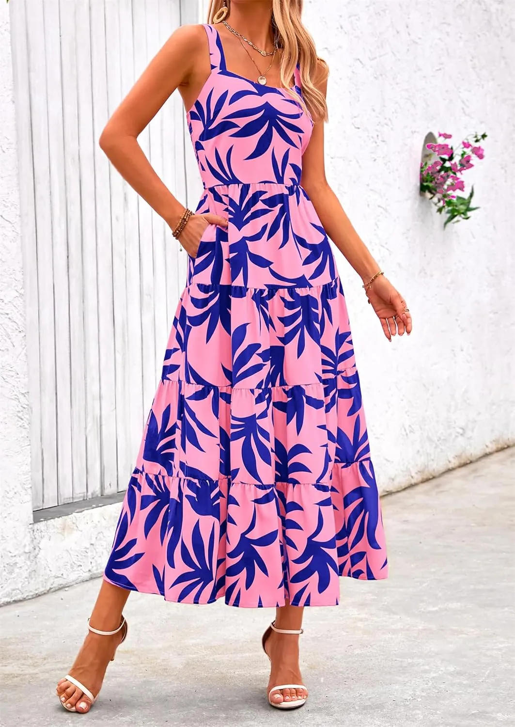 Boho Dresses for Women 2025 Summer Sleeveless Square Neck Midi Floral Long Dress Elegant Beach Vacation Dresses