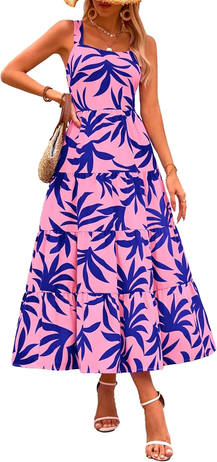 Boho Dresses for Women 2025 Summer Sleeveless Square Neck Midi Floral Long Dress Elegant Beach Vacation Dresses