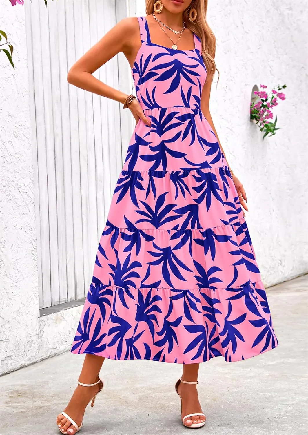 Boho Dresses for Women 2025 Summer Sleeveless Square Neck Midi Floral Long Dress Elegant Beach Vacation Dresses