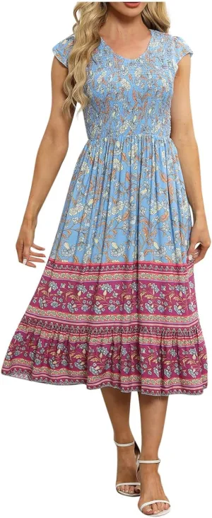 Boho Dresses for Women Floral Printed Short Sleeve V Neck Maxi Dress Flowy A Line Casual Long Dress