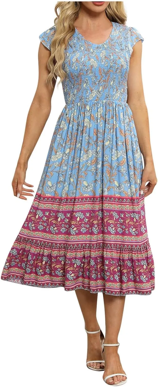 Boho Dresses for Women Floral Printed Short Sleeve V Neck Maxi Dress Flowy A Line Casual Long Dress