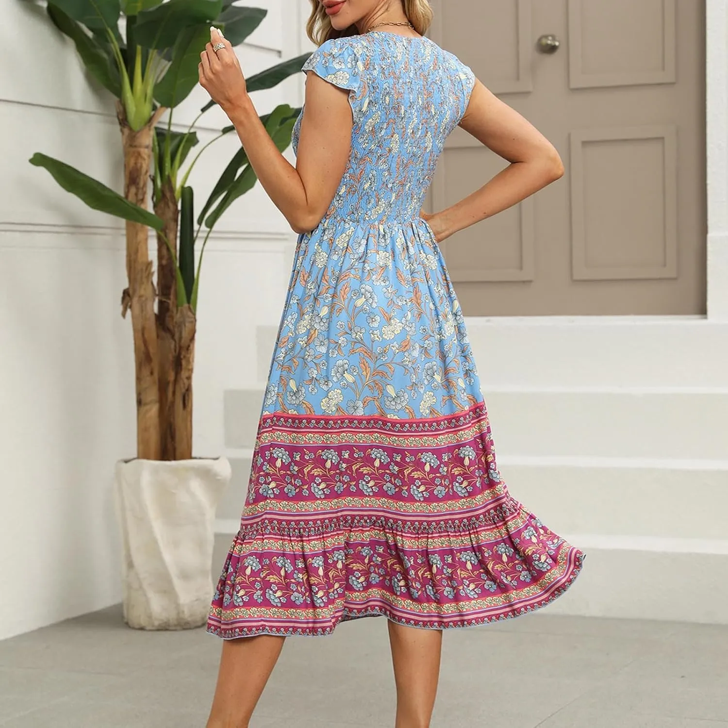 Boho Dresses for Women Floral Printed Short Sleeve V Neck Maxi Dress Flowy A Line Casual Long Dress