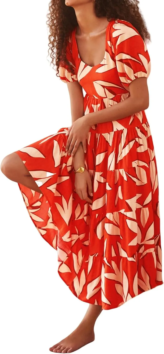 Boho Maxi Dresses for Women Summer V Neck Short Sleeve Casual Flowy Floral Tiered Smocked Beach Swing Long Dress