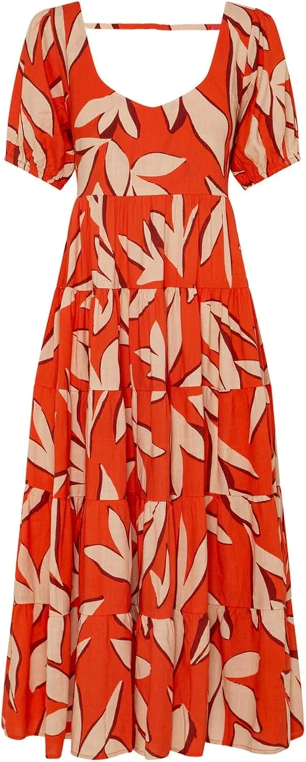 Boho Maxi Dresses for Women Summer V Neck Short Sleeve Casual Flowy Floral Tiered Smocked Beach Swing Long Dress
