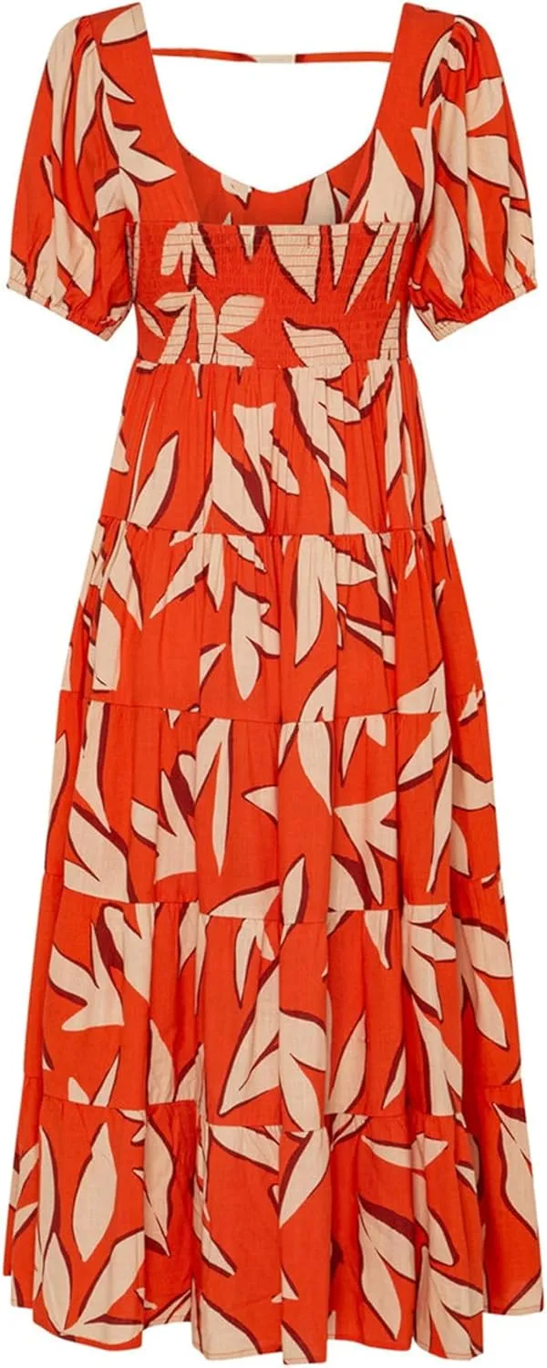 Boho Maxi Dresses for Women Summer V Neck Short Sleeve Casual Flowy Floral Tiered Smocked Beach Swing Long Dress