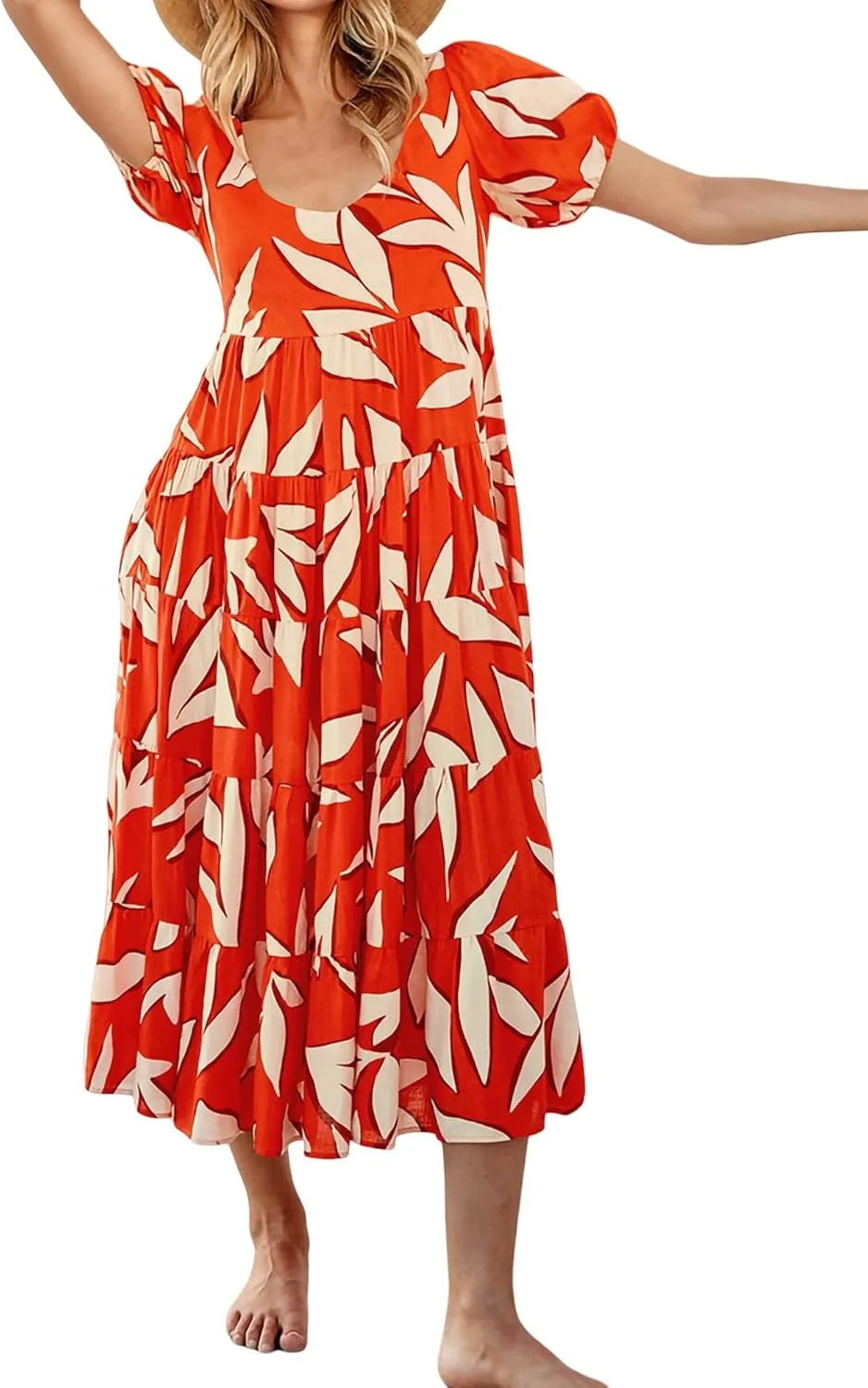 Boho Maxi Dresses for Women Summer V Neck Short Sleeve Casual Flowy Floral Tiered Smocked Beach Swing Long Dress