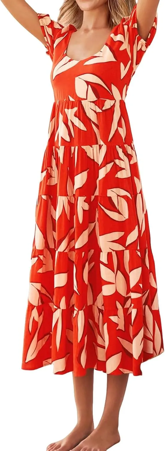 Boho Maxi Dresses for Women Summer V Neck Short Sleeve Casual Flowy Floral Tiered Smocked Beach Swing Long Dress