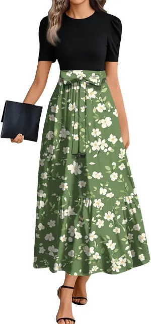 Boho Wedding Dress Plus Size Flowy Floral Maxi Dress Patchwork Ruffle Hem Elegant Outfit
