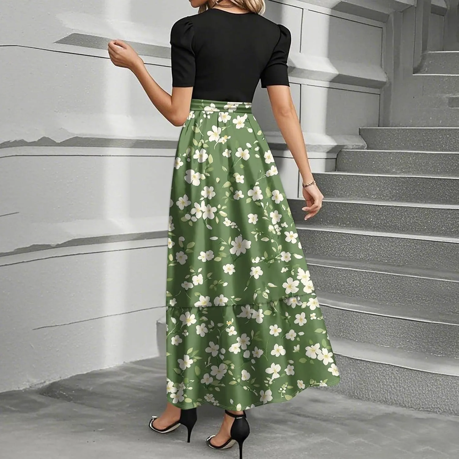 Boho Wedding Dress Plus Size Flowy Floral Maxi Dress Patchwork Ruffle Hem Elegant Outfit