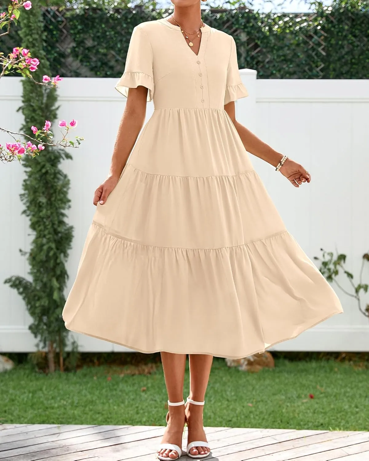 BTFBM Summer Dresses for Women 2025 Vacation V Neck Ruffle Short Sleeve A Line Tiered Flowy Casual Midi Beach Dress