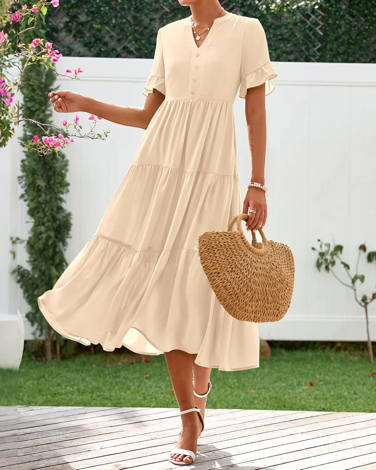 BTFBM Summer Dresses for Women 2025 Vacation V Neck Ruffle Short Sleeve A Line Tiered Flowy Casual Midi Beach Dress