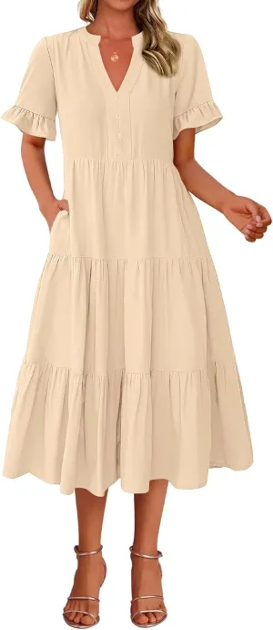 BTFBM Summer Dresses for Women 2025 Vacation V Neck Ruffle Short Sleeve A Line Tiered Flowy Casual Midi Beach Dress