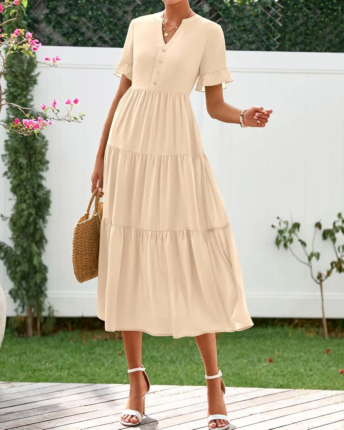 BTFBM Summer Dresses for Women 2025 Vacation V Neck Ruffle Short Sleeve A Line Tiered Flowy Casual Midi Beach Dress