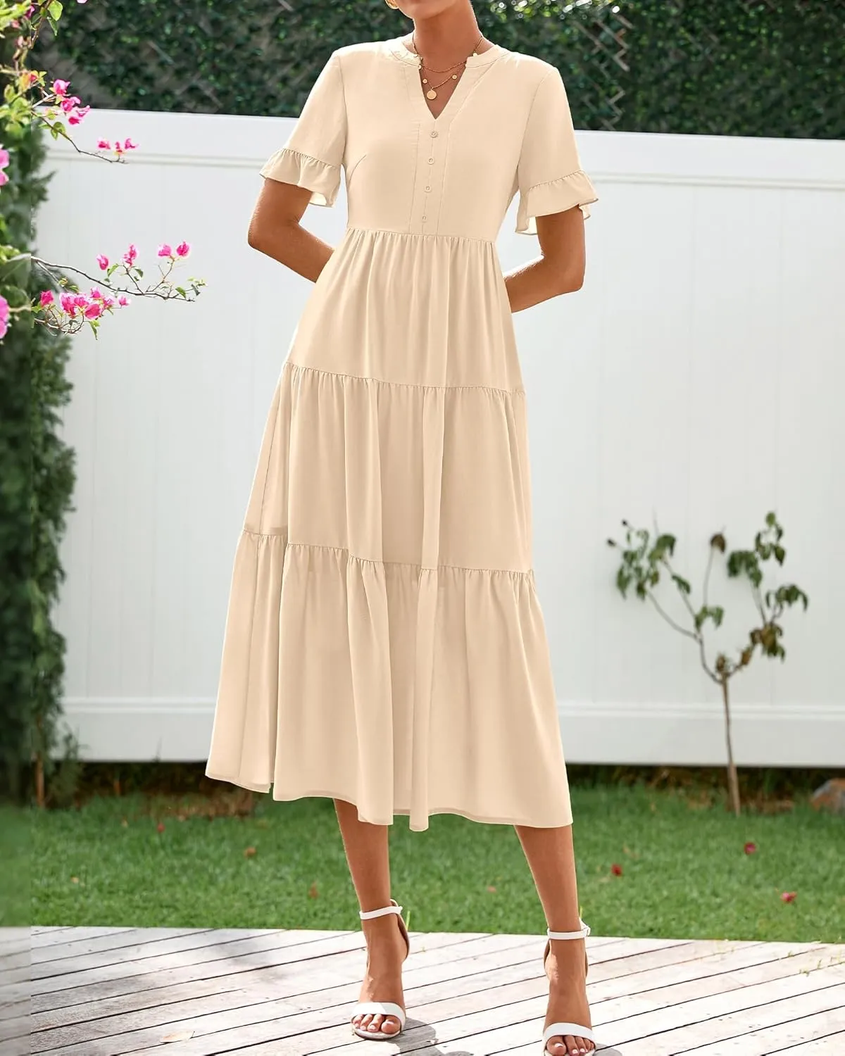 BTFBM Summer Dresses for Women 2025 Vacation V Neck Ruffle Short Sleeve A Line Tiered Flowy Casual Midi Beach Dress