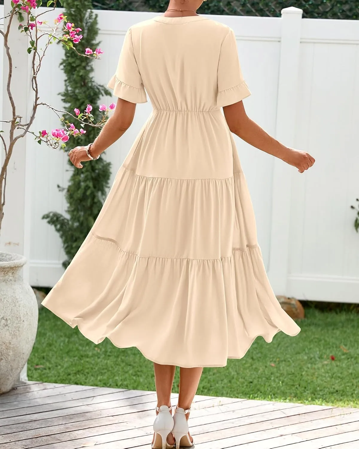 BTFBM Summer Dresses for Women 2025 Vacation V Neck Ruffle Short Sleeve A Line Tiered Flowy Casual Midi Beach Dress