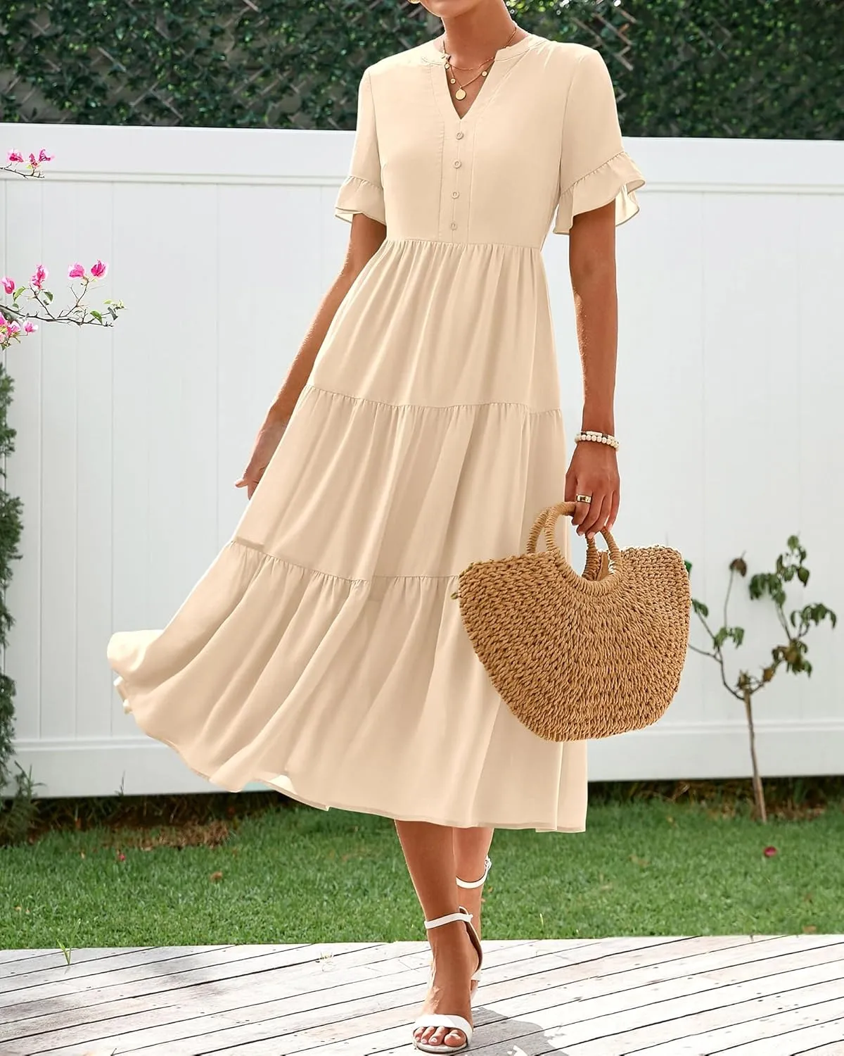 BTFBM Summer Dresses for Women 2025 Vacation V Neck Ruffle Short Sleeve A Line Tiered Flowy Casual Midi Beach Dress