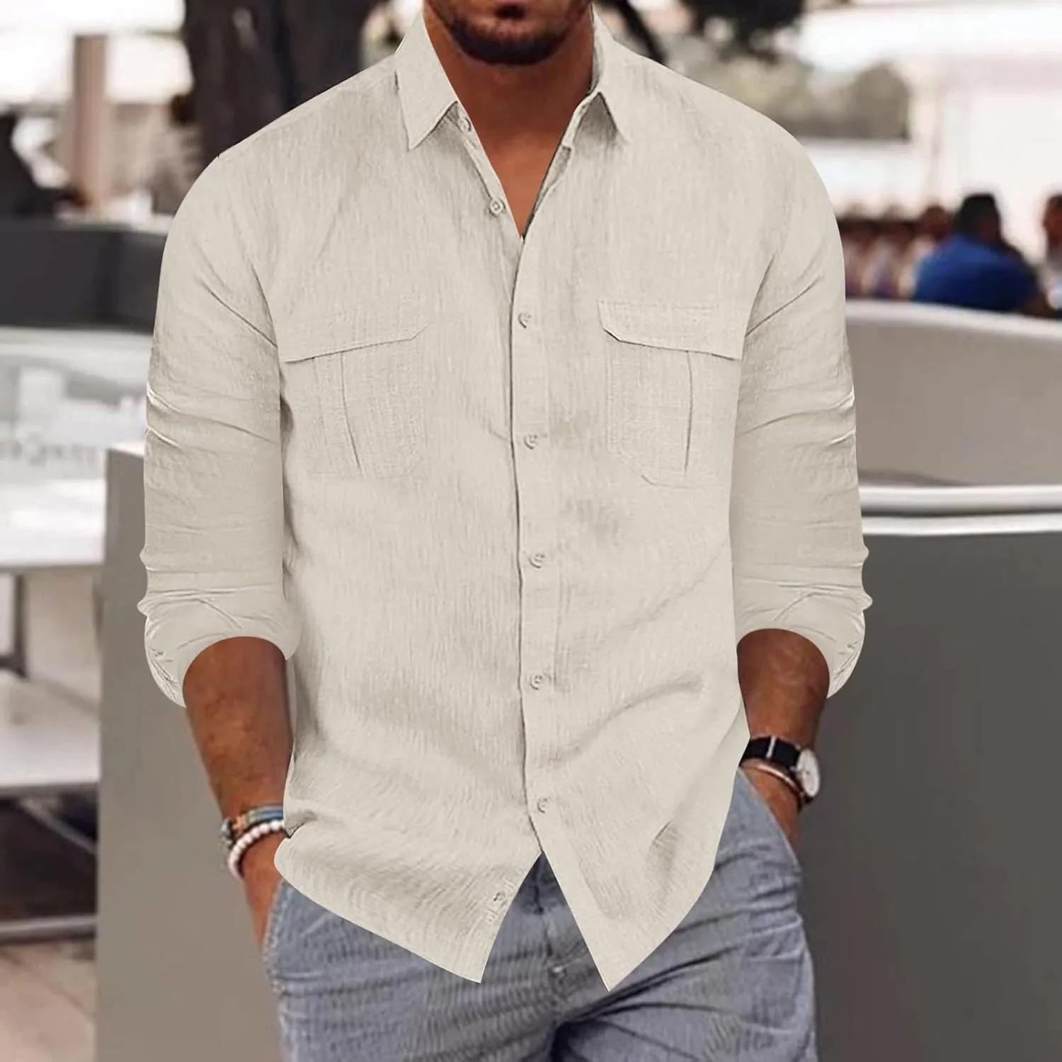 Cargo Shirts for Men Construction Work Shirts Button Up UV Long Sleeve Sun Protection Tactical Hiking Fishing Shirt